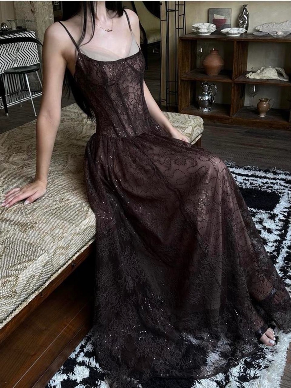 Elegant Brown Lace Maxi Dress with Spaghetti Straps